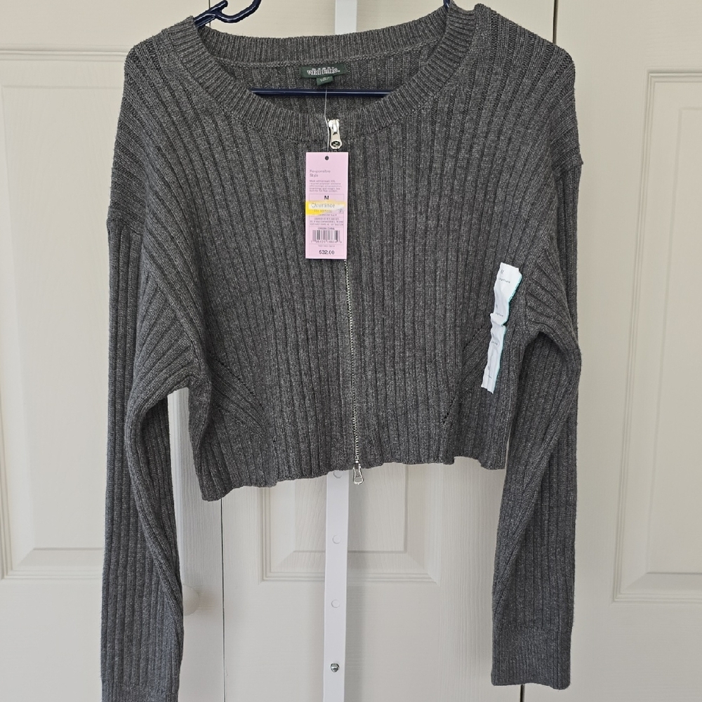 Wild Fable Charcoal Ribbed Cropped Cardigan